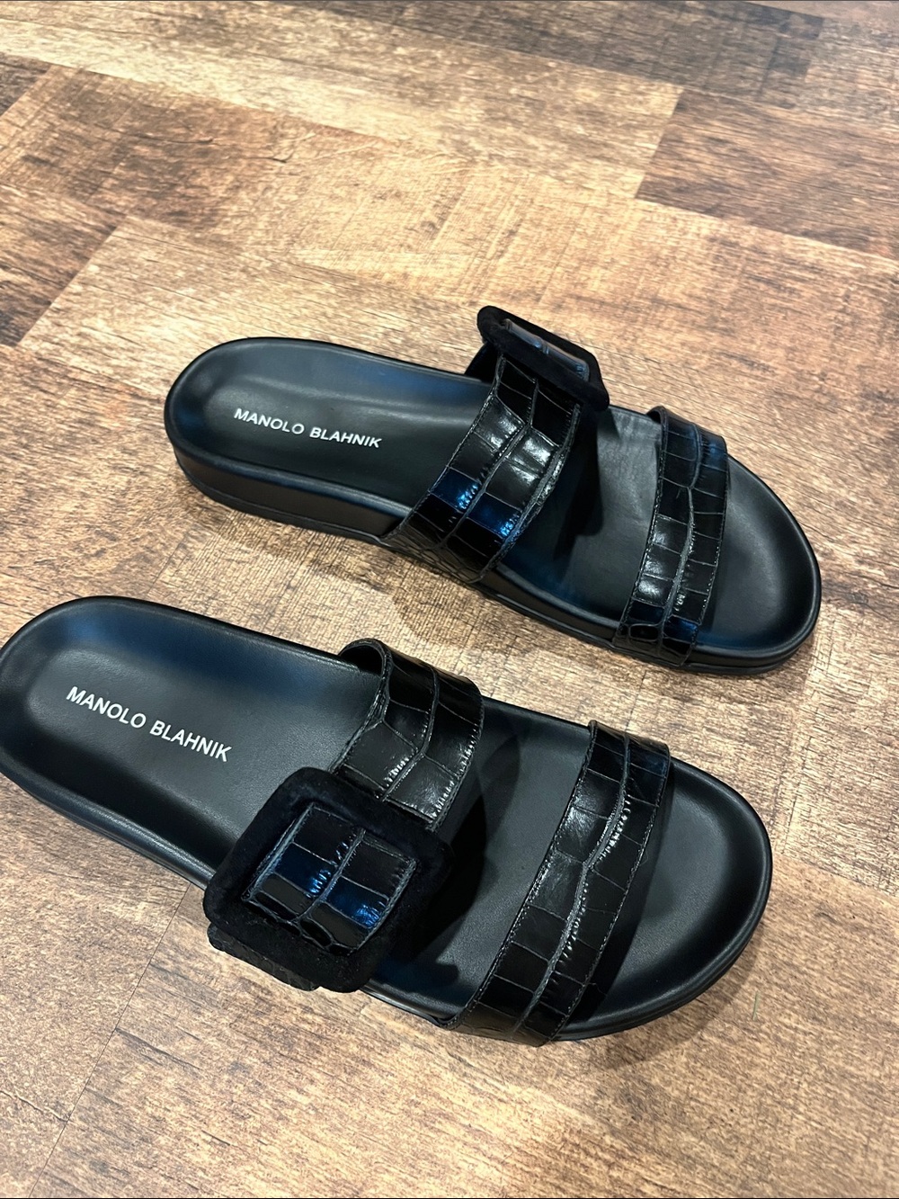 Manolo Blahnik Black Croc-Embossed Women’s Leather Slide Sandals
